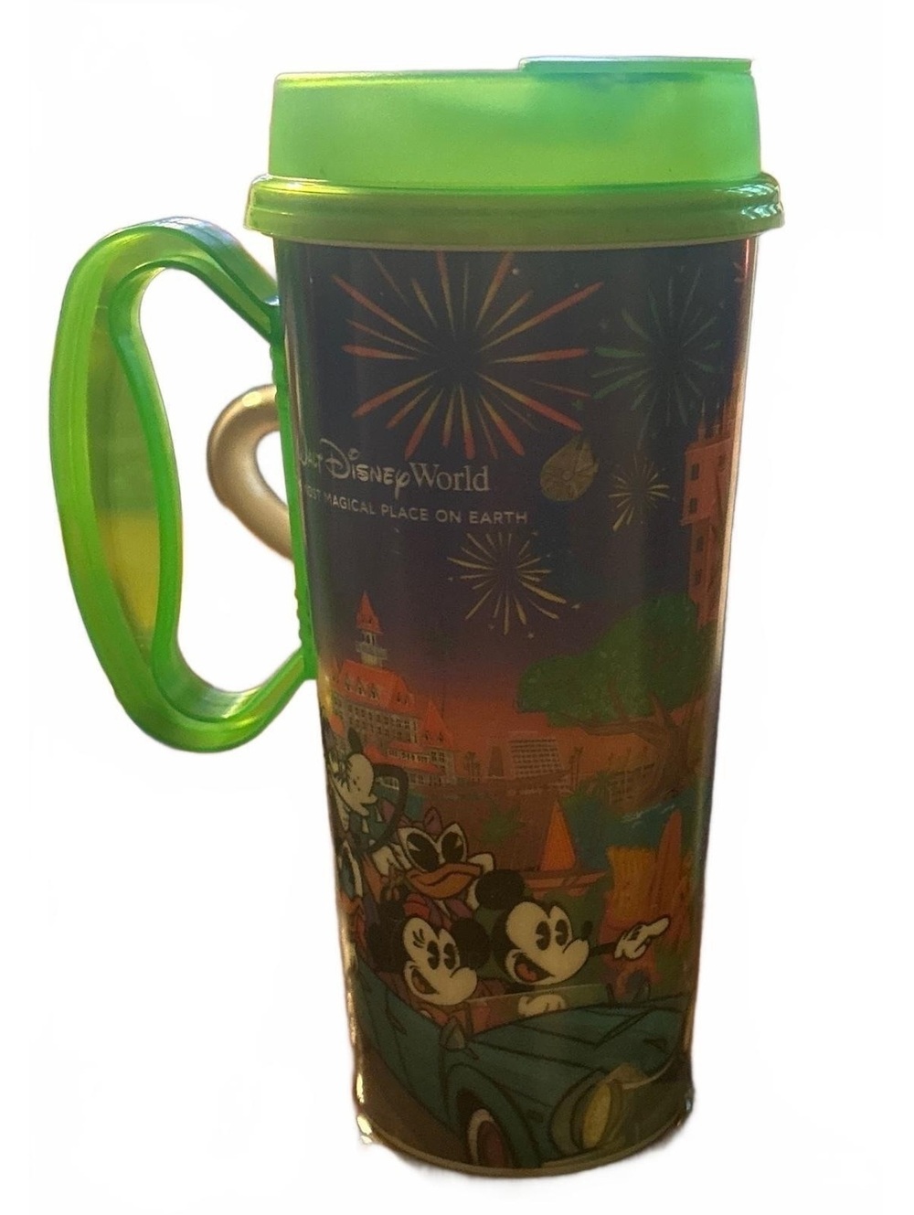 Disney World Resort Refillable Travel Mug Mickey & Friends Green Lid Fireworks